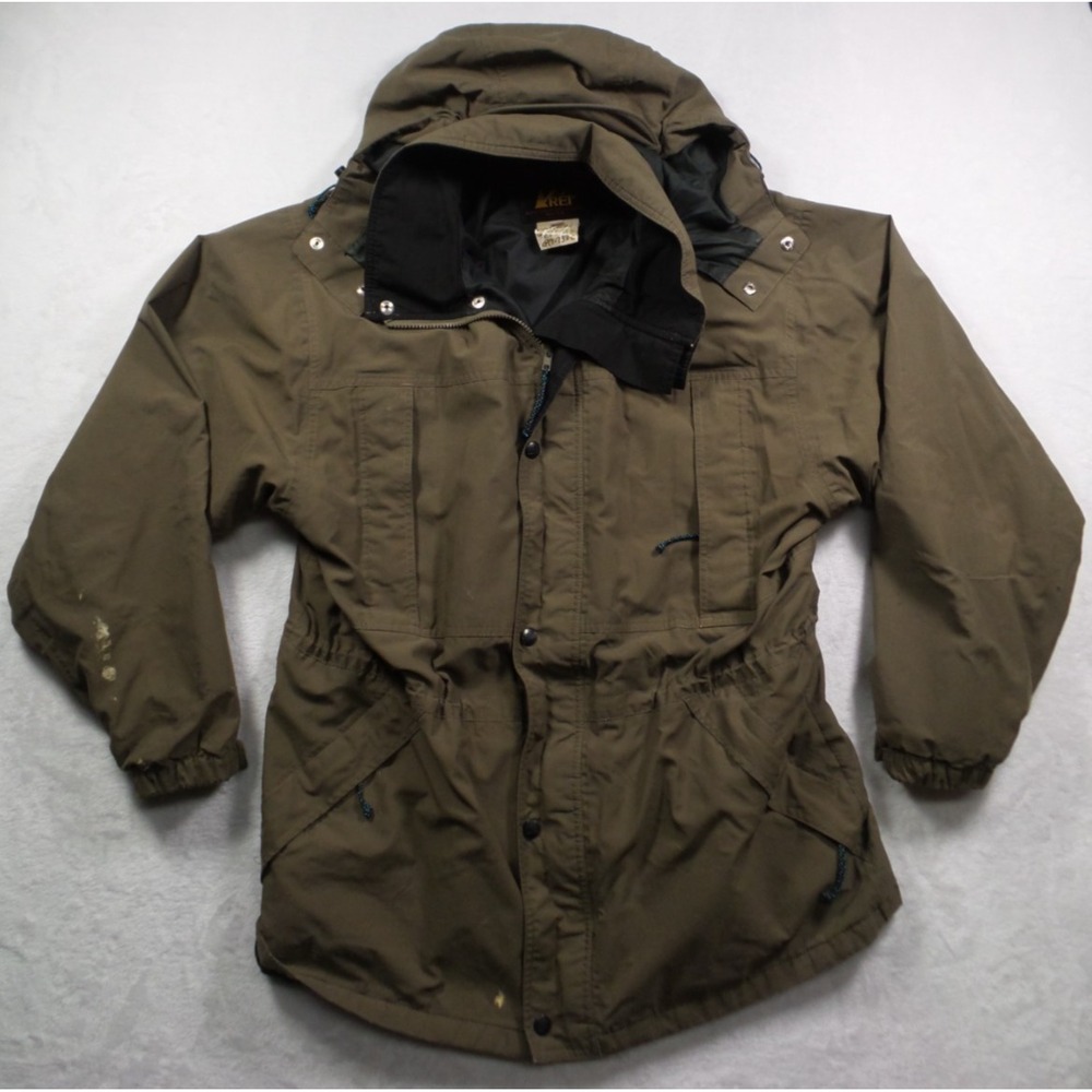 Vintage REI Jacket Mens Size Large Brown Full Zip Hooded Pockets Gore Outdoor